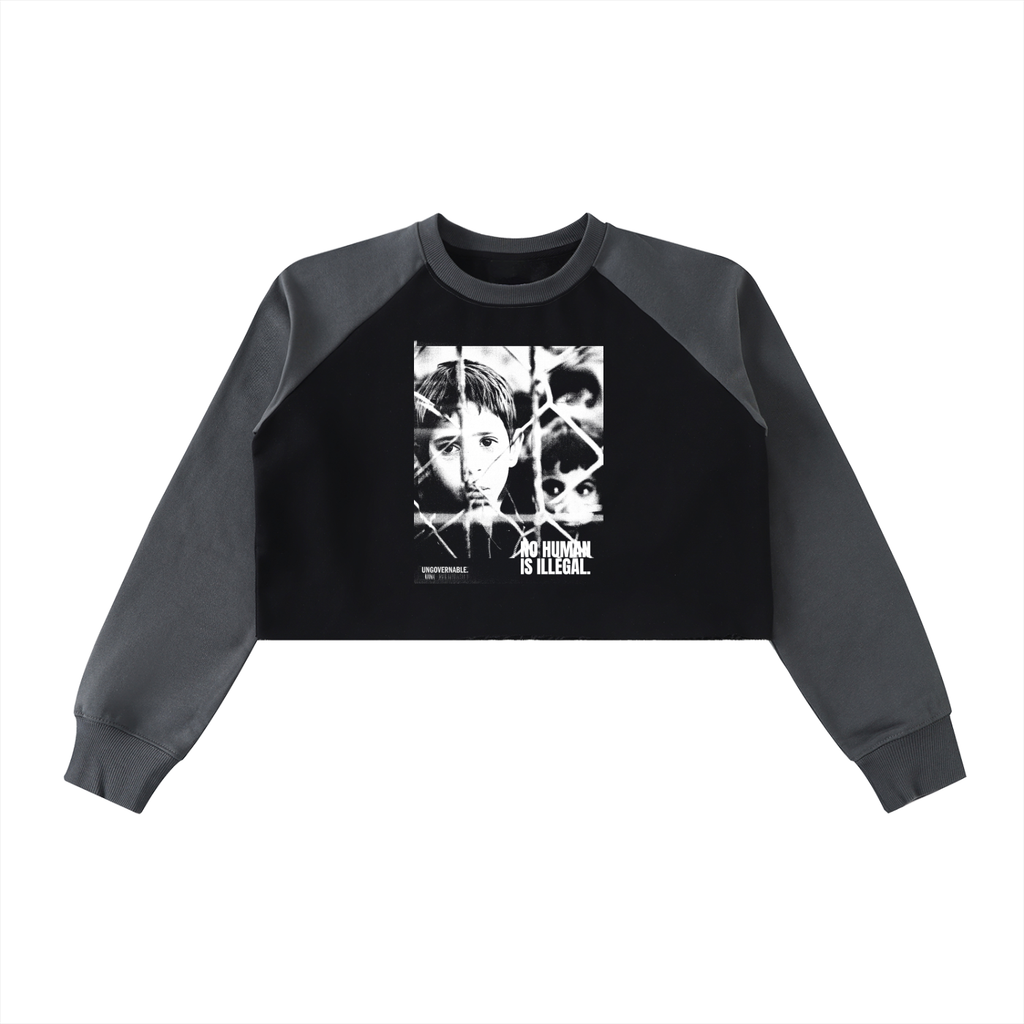No Human is Illegal Raw-Hem Raglan Crop Sweatshirt