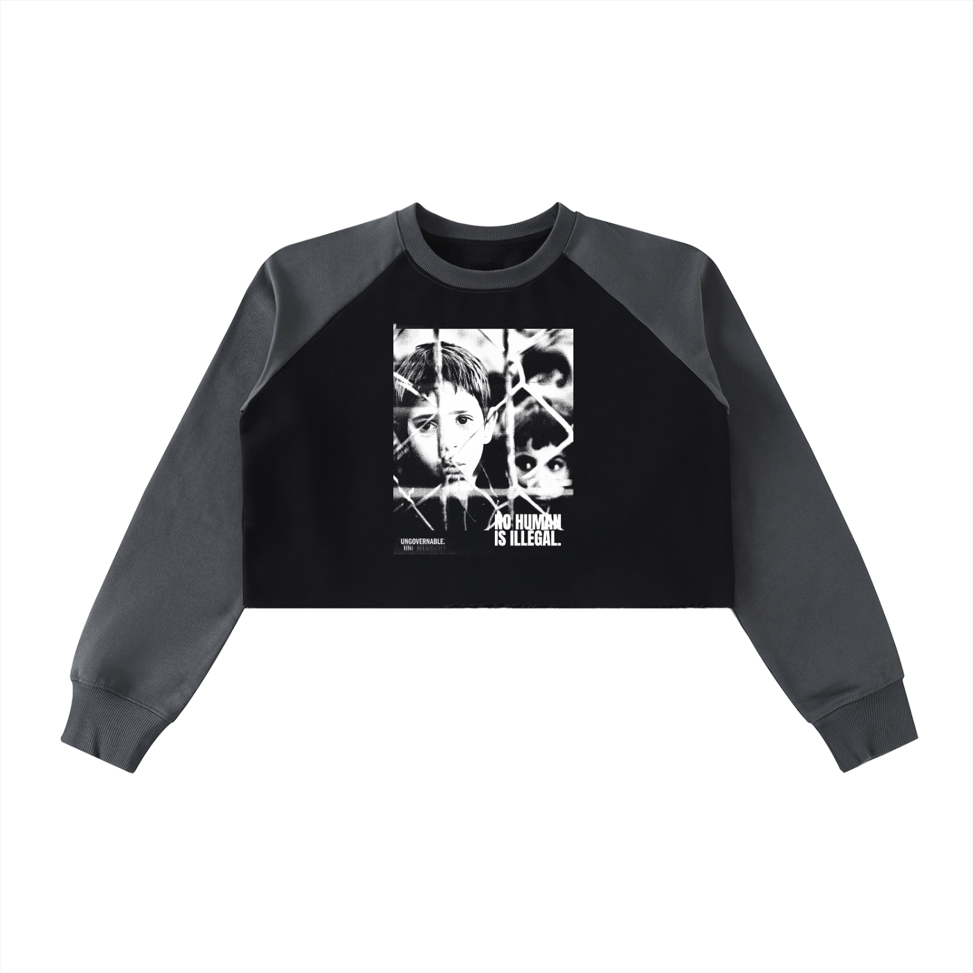 No Human is Illegal Raw-Hem Raglan Crop Sweatshirt